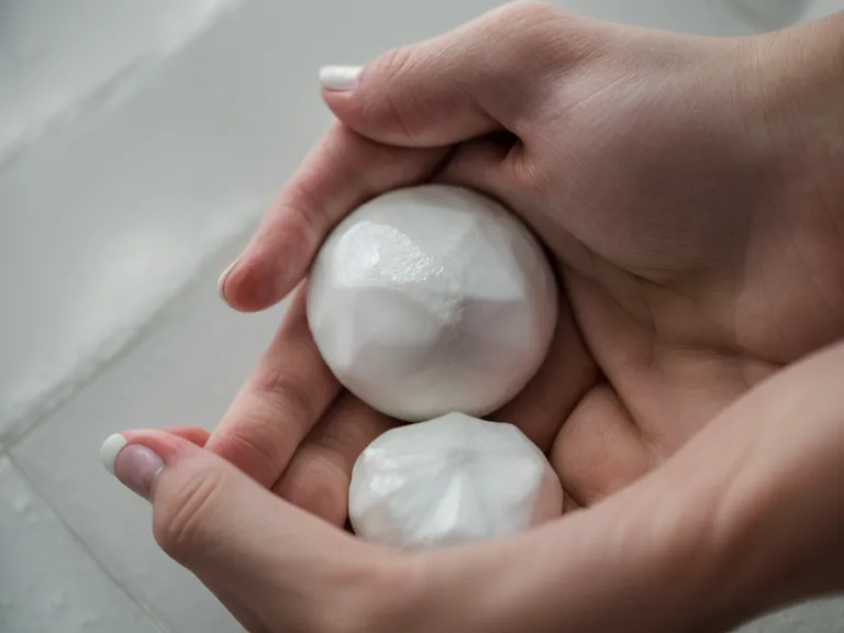 Close-up of a white oral probiotic lozenge held in a hand.