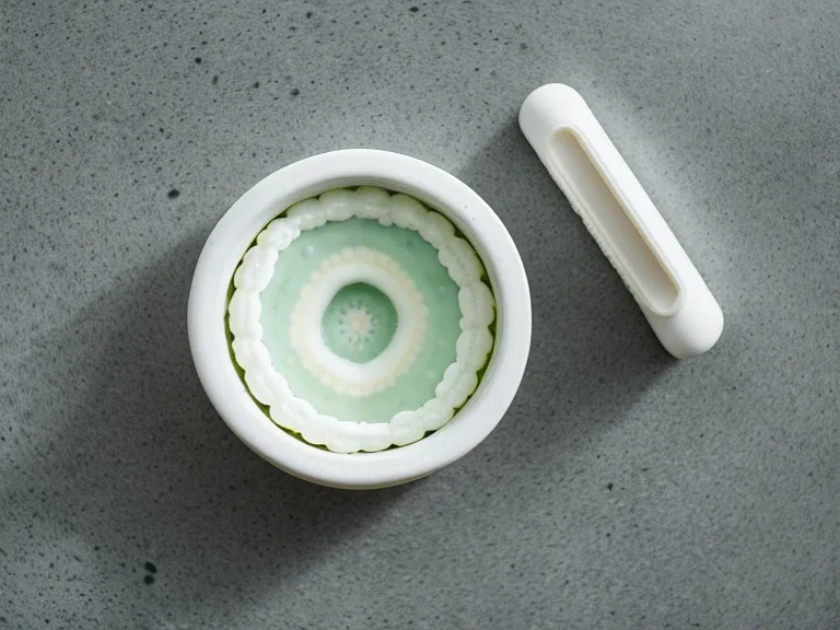 A single oral probiotic tablet next to a small green plant on a stone surface.