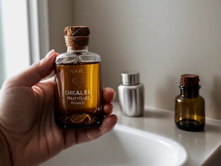 A hand holding a glass bottle of oral probiotics in a bright bathroom.