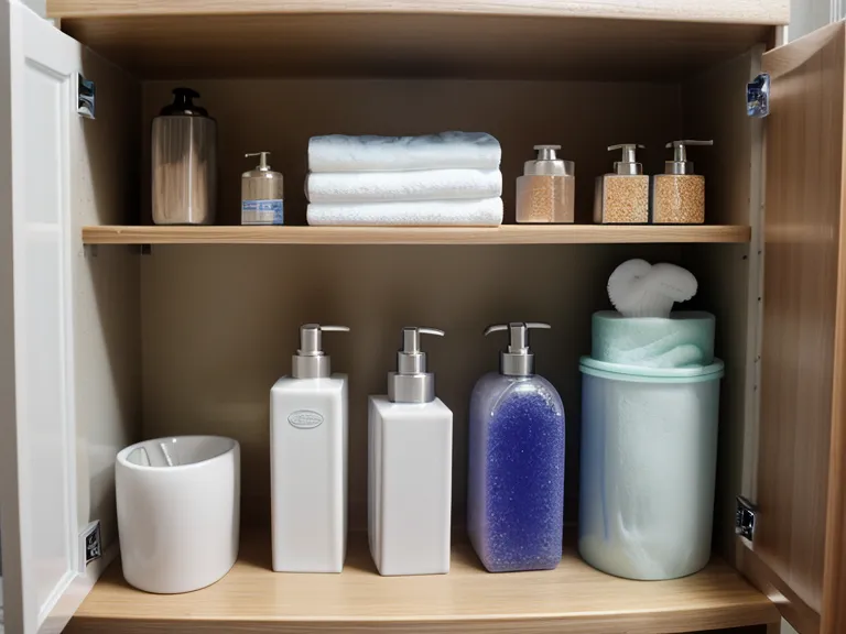 A bathroom cabinet filled with various probiotic bottles and a coffee mug