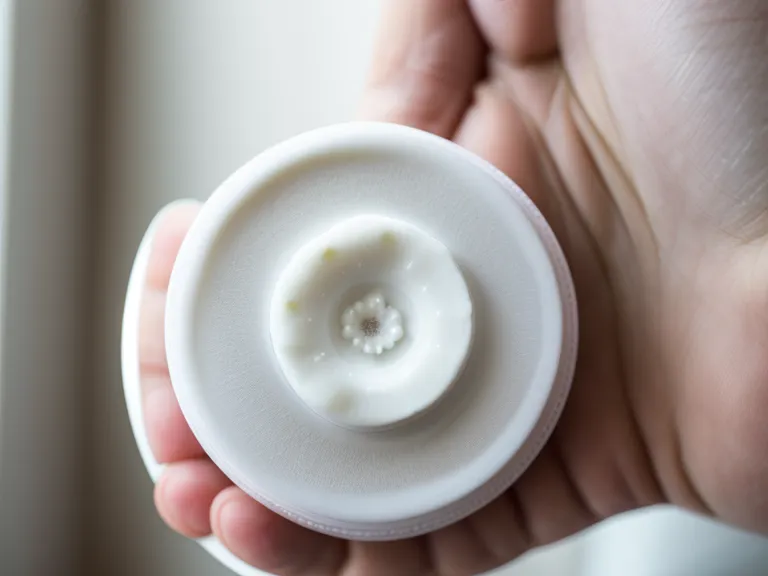 Close-up of a white oral probiotic tablet held between fingers