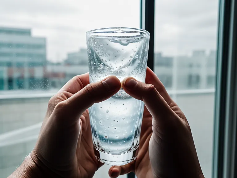A hand holding a glass of tap water in a bright bathroom