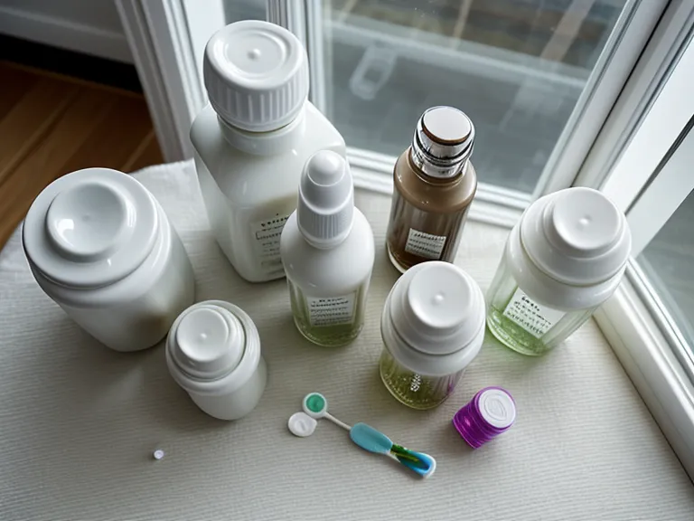 A collection of oral care and probiotic bottles on a bathroom shelf