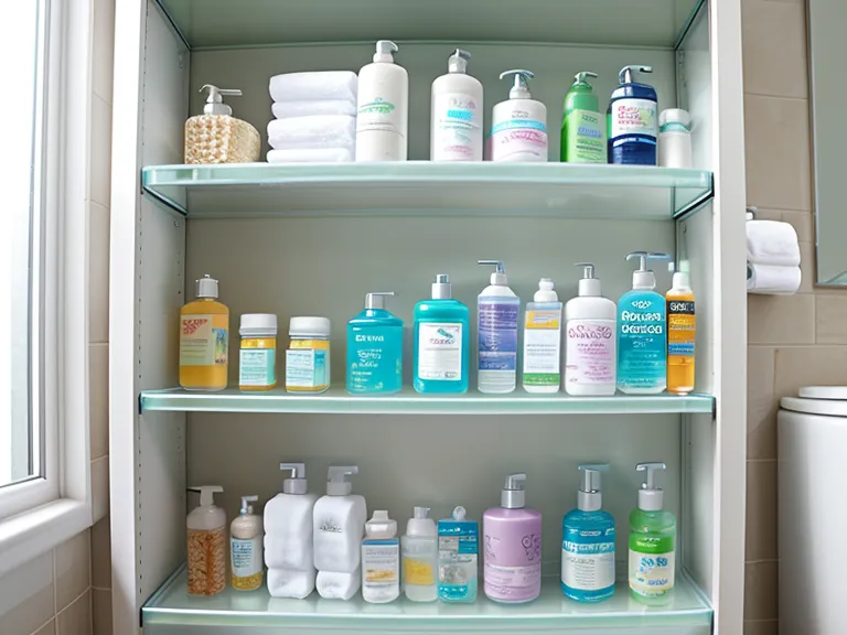 A bathroom shelf with various probiotic bottles and oral care supplies.