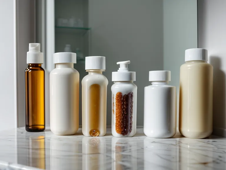 A bathroom cabinet shelf filled with various probiotic bottles