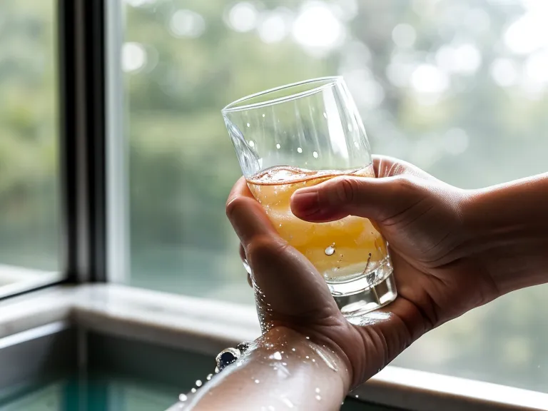 A hand holding a glass of water next to a supplement bottle