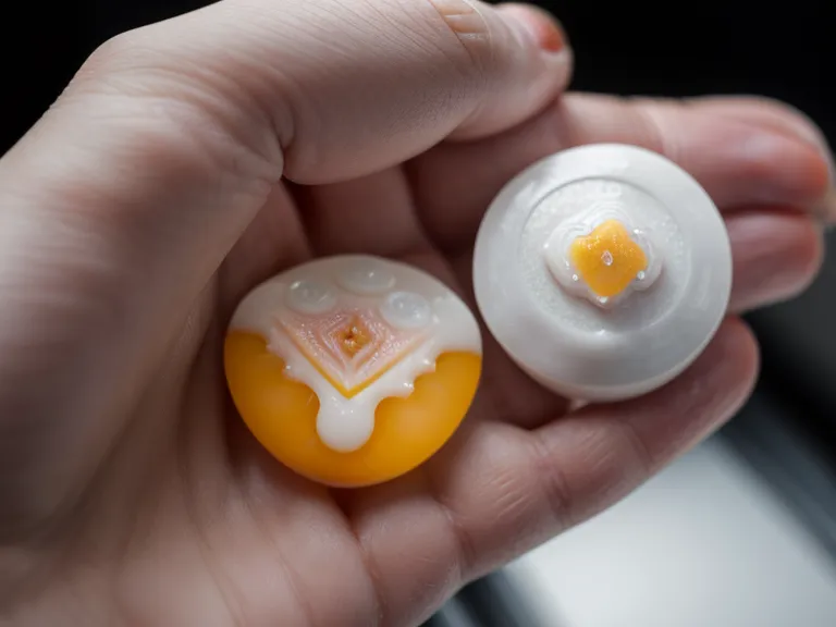 A close-up of an oral probiotic lozenge held over a tech workspace.