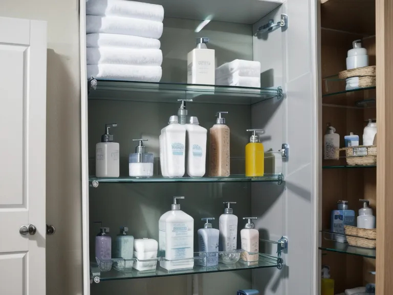 A bathroom cabinet filled with various oral care and probiotic bottles.