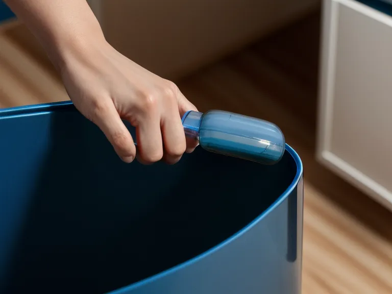 Hand putting away a bottle of blue mouthwash into a storage bin.