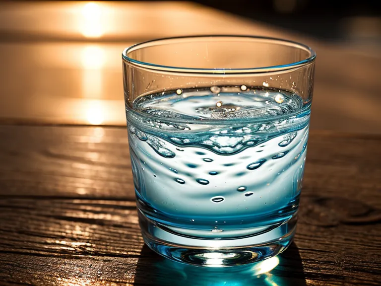 Glass of water on a sunlit desk with probiotics in background