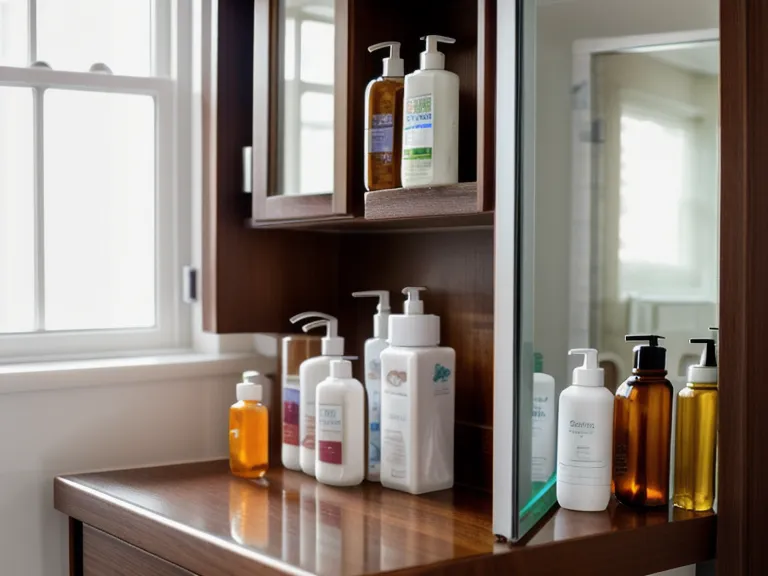 A bathroom shelf filled with various oral care products and probiotic bottles.