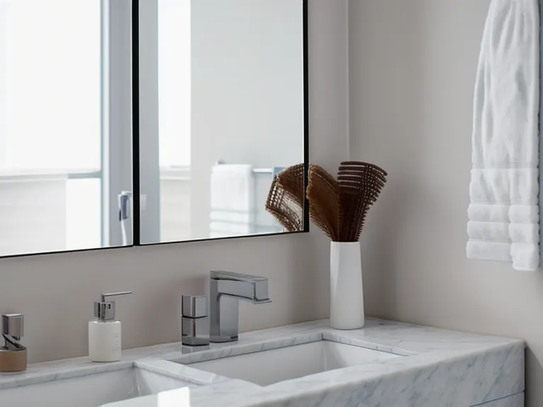 A hand holding a ProvaDent oral probiotics bottle in a bright bathroom, used to track teeth stains and microbiome health