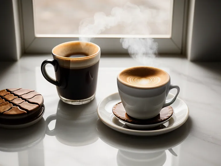 A cup of espresso next to an oral probiotic lozenge on a counter