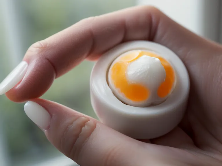 A close-up of an oral probiotic lozenge being held in a home office setting.