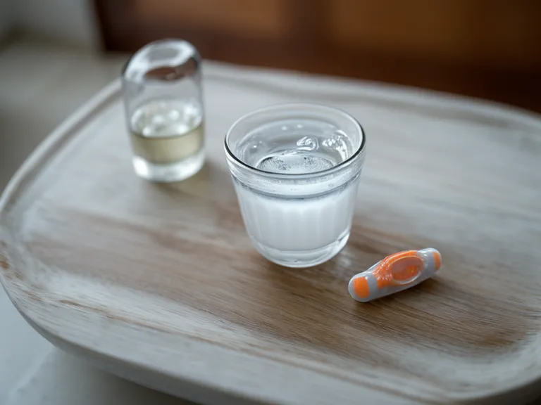 Close-up of a white oral probiotic capsule and a glass of water on a tray.