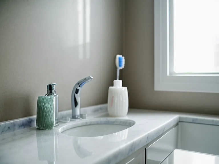 A bottle of ProDentim next to a toothbrush on a marble bathroom counter.