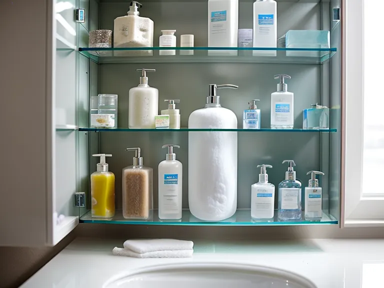 A bathroom shelf filled with various oral care products and probiotic bottles.