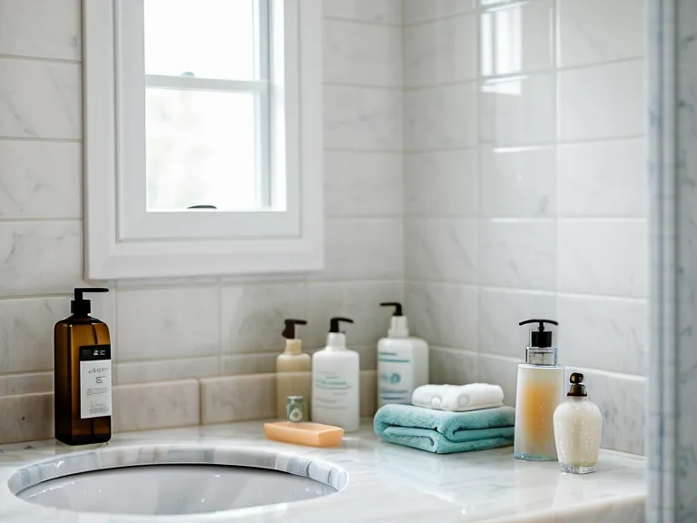 A bathroom cabinet filled with various oral health supplement bottles in soft light.