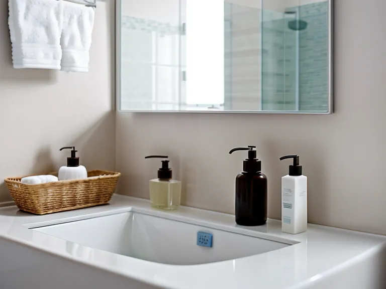 A bamboo toothbrush and probiotic jar on a minimalist bathroom shelf.