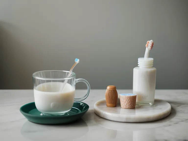 Close-up of oral probiotic bottles and a tongue scraper on a sunlit counter.