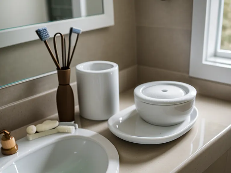 A hand organizing various probiotic bottles in a bathroom cabinet