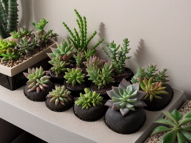 A small succulent garden on a desk next to a computer monitor.