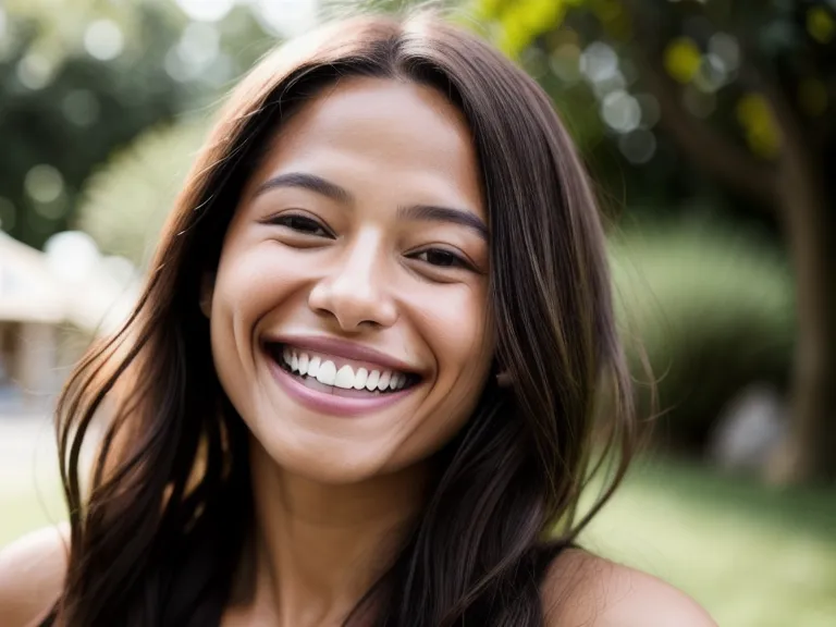 A natural smile showing clean teeth in soft outdoor sunlight.