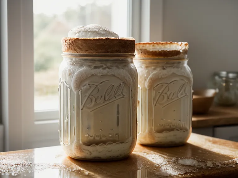 A bubbling sourdough starter in a glass jar next to dental care items.