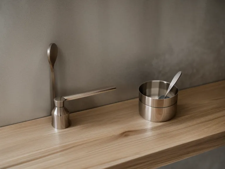 A metal tongue scraper and a glass of water on a wooden shelf.