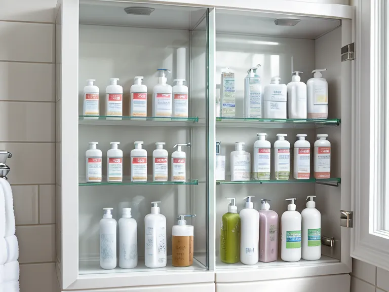 A bathroom shelf filled with various oral probiotic supplement bottles.
