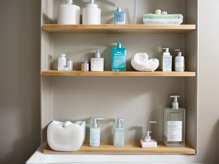 An organized bathroom shelf featuring oral probiotic supplements.
