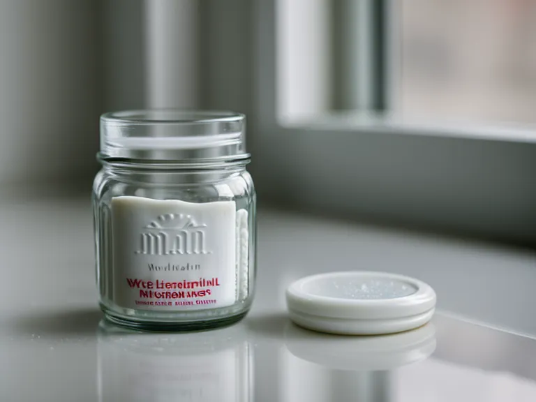 Close-up of a glass jar containing white oral probiotic lozenges.