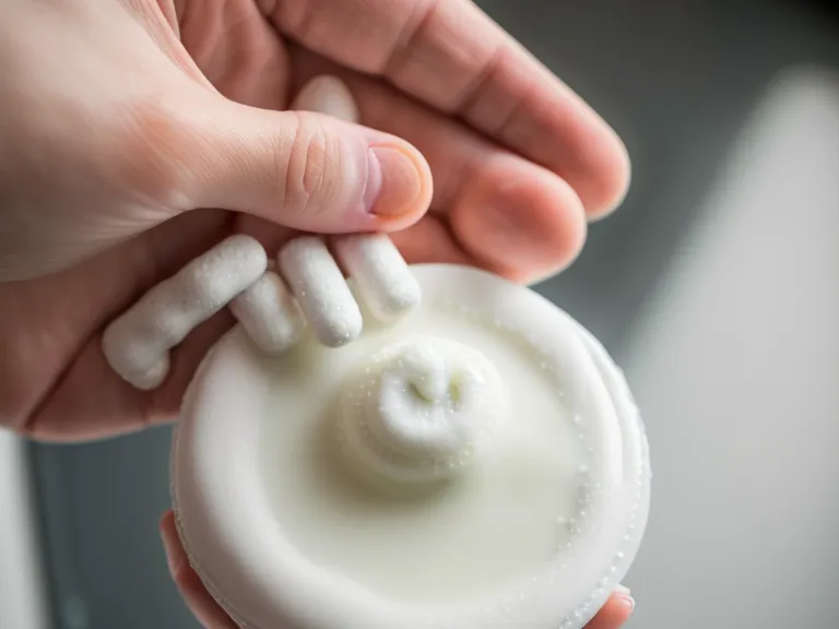 A close-up of a white oral probiotic tablet in a hand