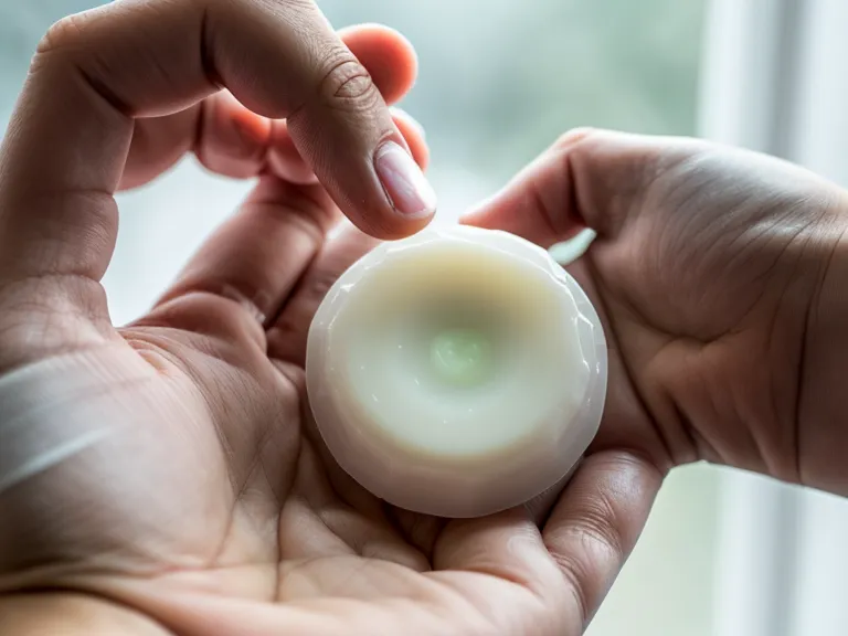 Close-up of an oral probiotic tablet and a xylitol crystal in a hand.